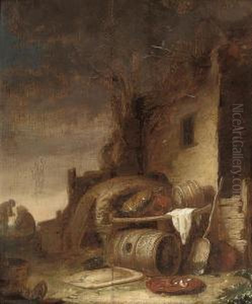 A Barrel, Pots And Pans By A Cottage Oil Painting by Cornelis Saftleven