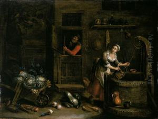 Bauerninterieur Mit Frau Am Brunnen. Oil Painting by Cornelis Saftleven