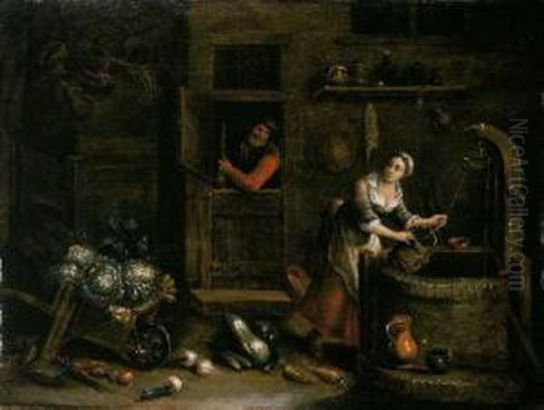 Bauerninterieur Mit Frau Am Brunnen Oil Painting by Cornelis Saftleven