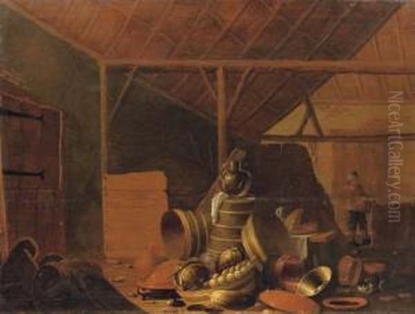 A Barn Interior With Vegetables,
 And Kitchen Utensils, A Peasant Carrying A Basket Beyond Oil Painting by Cornelis Saftleven