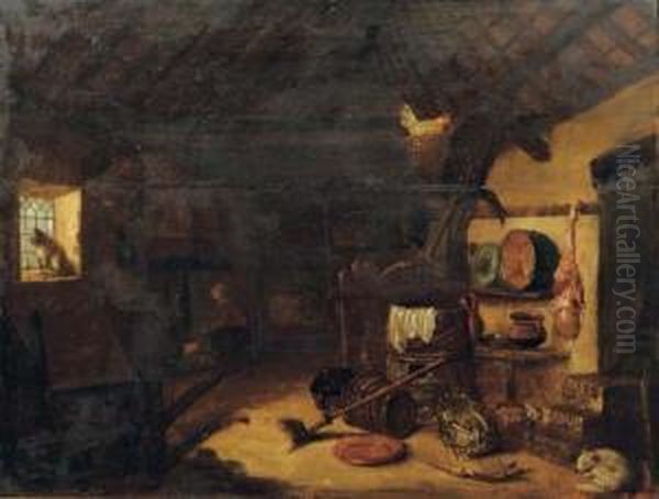 A Barn Interior With Pots, Pans And Vegetables, A Woman By A Stove Beyond Oil Painting by Cornelis Saftleven