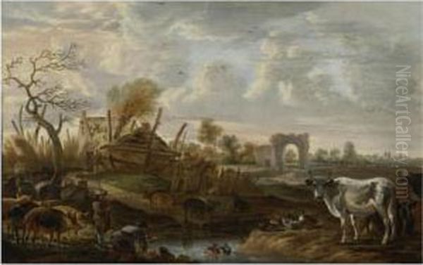 Lanscape With Farmhands And Livestock At A Stream, Farm Buildings Beyond Oil Painting by Cornelis Saftleven