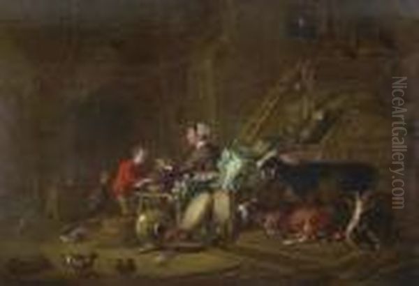 Groses Interieur Mit Magd, Knecht Und Vieh. Oil Painting by Cornelis Saftleven