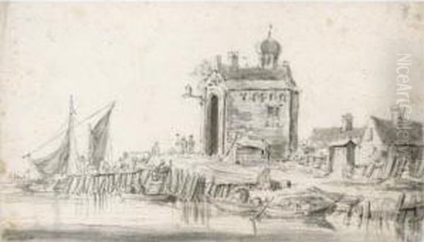 Boats Unloading At A Harbour, Beside A Chapel Oil Painting by Cornelis Saftleven