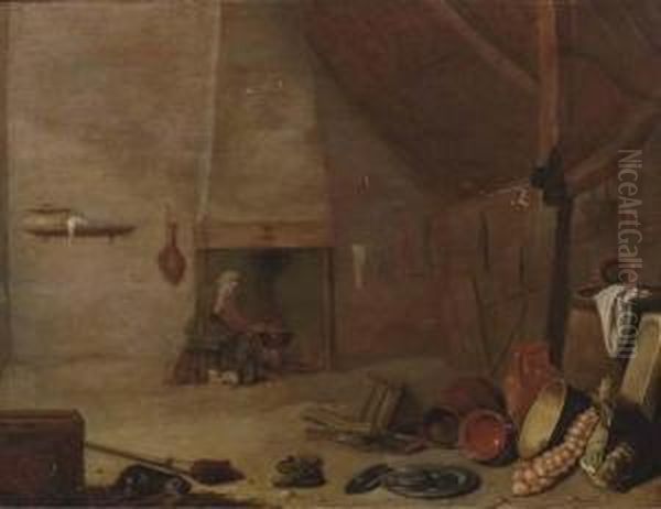 A Barn Interior With A Peasant Cooking On A Fire Oil Painting by Cornelis Saftleven