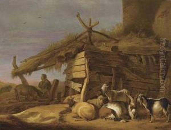 The Prodigal Son Herds Swine With Goats In The Foreground. Oil Painting by Cornelis Saftleven