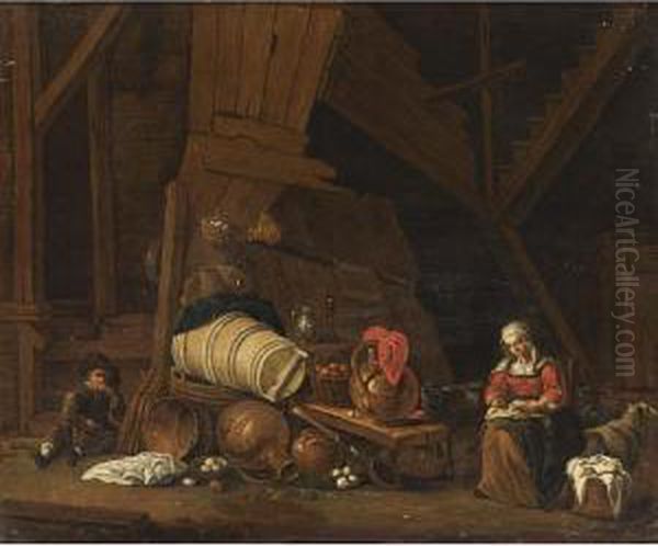 A Barn Interior With A Maid 
Sowing, A Boy Eating An Apple And A Still Life Of Pots And Pans And 
Fruits Oil Painting by Cornelis Saftleven