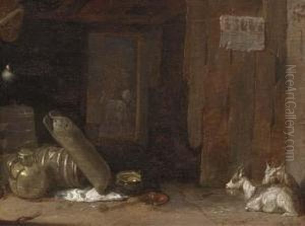 A Barn Interior With Goats And A Lady Milking A Goat Beyond Oil Painting by Cornelis Saftleven