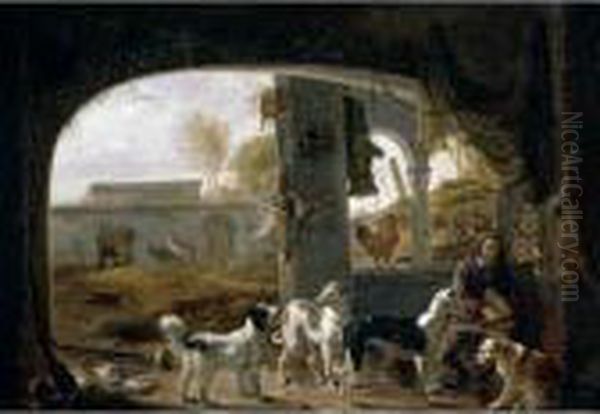 Huntsman Feeding His Dogs Under A Porch With A Farmyard Beyond Oil Painting by Cornelis Saftleven