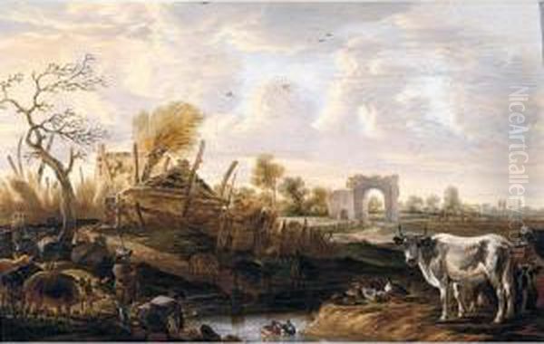 Landscape With Farmhands And Livestock At A Stream, Farm Buildings Beyond Oil Painting by Cornelis Saftleven