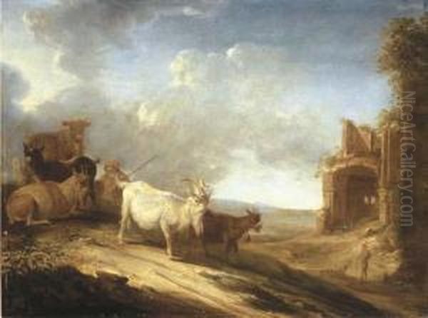 An Open Landscape With A Herdsman, Goats And A Cow On A Track, Aruin Beyond Oil Painting by Cornelis Saftleven