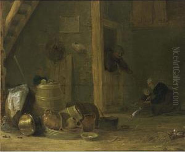 A Barn Interior With A Still 
Life With Kitchen Utensils In The Foreground, Together With A Woman And A
 Child Preparing Food In The Background, And A Man Leaning In A Doorway Oil Painting by Cornelis Saftleven