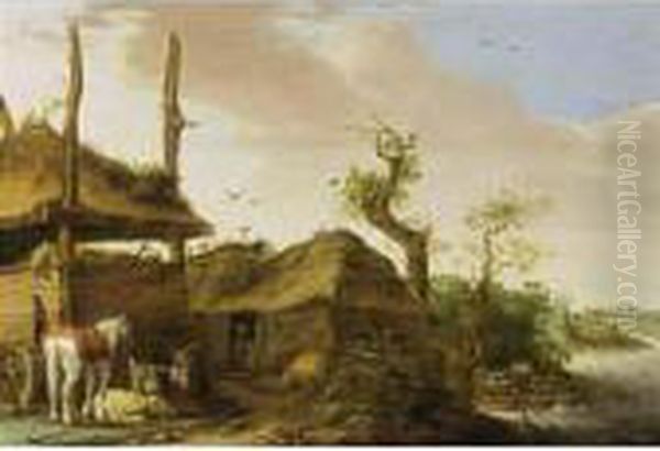 A Farmstead Near A Stream, With A
 Horse, A Goat, A Sheep And Pigs Near A Haystack, With A Peasant Looking
 Out Through His Doorway Oil Painting by Cornelis Saftleven