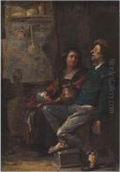 Interior With A Man Resting His Foot On A Foot Warmer, Together With His Wife And Child Oil Painting by Cornelis Saftleven