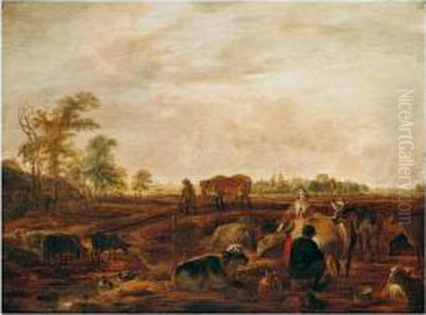 A Landscape With A Milkmaid And 
Man Milking A Cow Near Farm Buildings, A Man Leading A Horse On A Track 
Nearby, A Church And Windmill In The Distance Oil Painting by Cornelis Saftleven