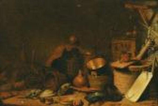 A Kitchen Interior With A Well, Pots, Pans And Baskets Oil Painting by Cornelis Saftleven