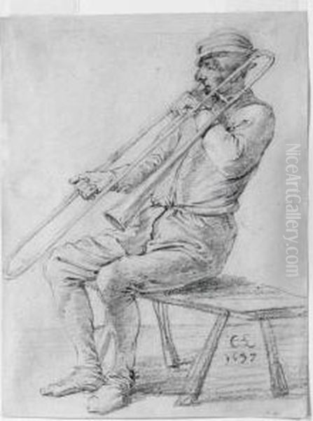 A Seated Man Playing A Sackbut Oil Painting by Cornelis Saftleven