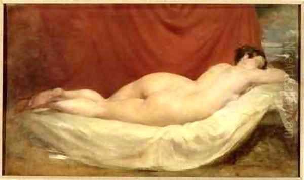 Nude Lying On A Sofa Against A Red Curtain Oil Painting by William Etty