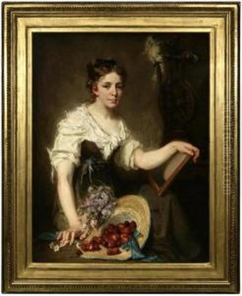 Girl With A Cherry Earringseated
 Before A Still Life Of Flowers And Berries Spilling Out Of Ahat Oil Painting by Simon Saint-Jean