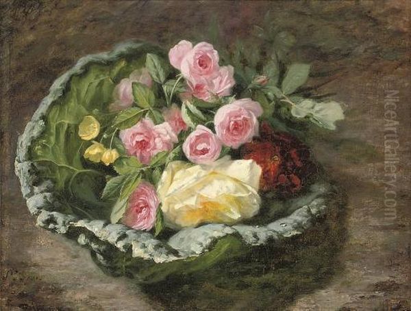 A Bouquet Of Roses And Buttercups On A Mossy Bank Oil Painting by Simon Saint-Jean