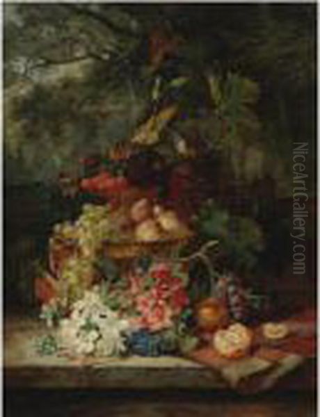 Still Life With Grapes, 
Cherries, Peaches, And Flowers In A Double-tiered Gilt Dish, A Carpet 
And An Orange, All Resting On A Ledge With A Balustrade And A Garden 
Landscape Beyond Oil Painting by Simon Saint-Jean