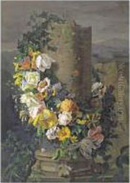 Guirlande De Fleurs Entourant Une Colonne Oil Painting by Simon Saint-Jean