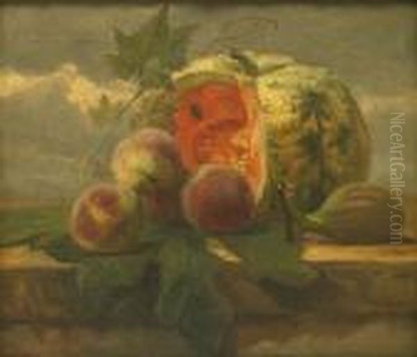 A Still Life With A Melon, Peaches And A Fig Oil Painting by Simon Saint-Jean