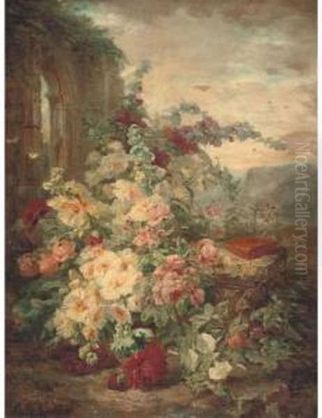 A Book On A Plinth By A Rose Bush At The Ruins Oil Painting by Simon Saint-Jean