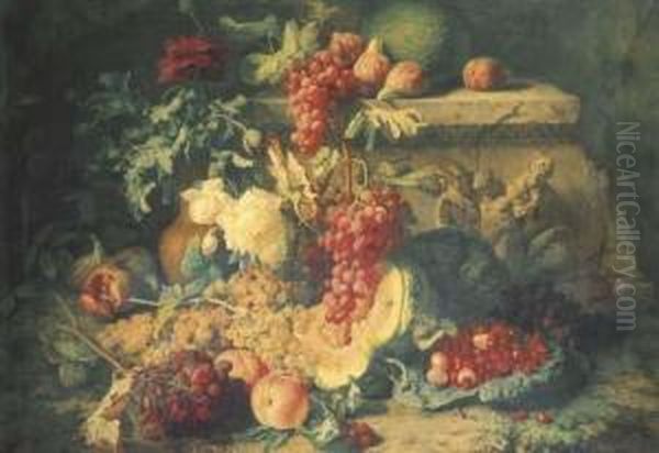 Fruits Sur Une Terrasse Avec Un Bas-relief Representantsilene Oil Painting by Simon Saint-Jean