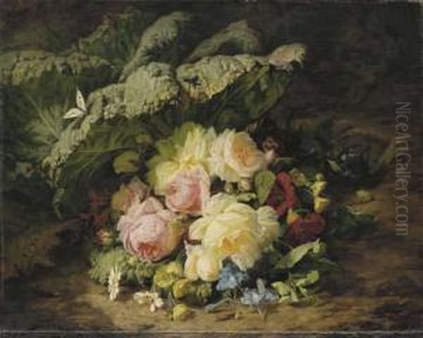 A Bouquet Of Roses, Daisies And Violets With A Butterfly On A Mossy Bank Oil Painting by Simon Saint-Jean