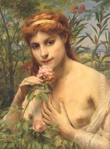 'l'odorat - Femme A La Rose' Oil Painting by Gaston Casimir Saint-Pierre