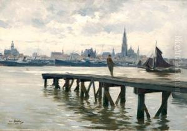 Petit Pecheur Sur Le Ponton Pres Du Port D'anvers Oil Painting by Henri Saintin