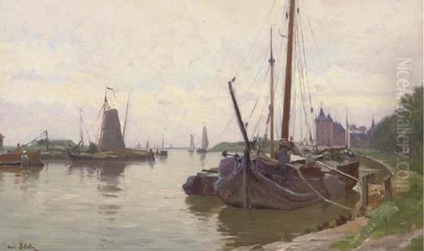 Boats In The Harbour Of Muiden, With The Muiderslot In The Distance Oil Painting by Henri Saintin