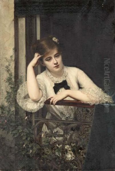 Jeune Fille Pensive Sur Un Balcon Oil Painting by Jules Emile Saintin