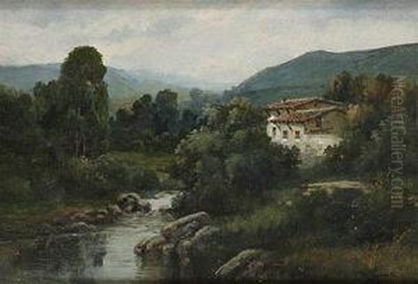 Paisaje Con Rio Y Casa Oil Painting by Casimiro Sainz Y Sainz