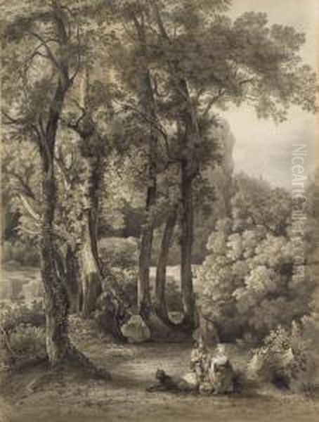 A Seated Couple And Their Dog In A Glade Oil Painting by Friedrich Salathe