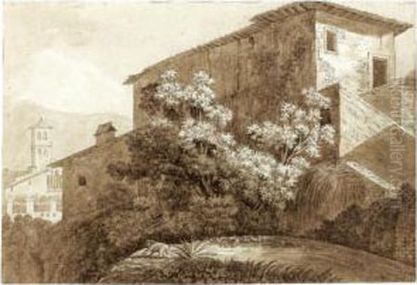 View Of An Italian Villa, With A Man Gardening In The Foreground Oil Painting by Friedrich Salathe