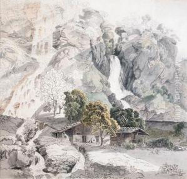 A Swiss Farm At The Foot Of Two Waterfalls Oil Painting by Friedrich Salathe