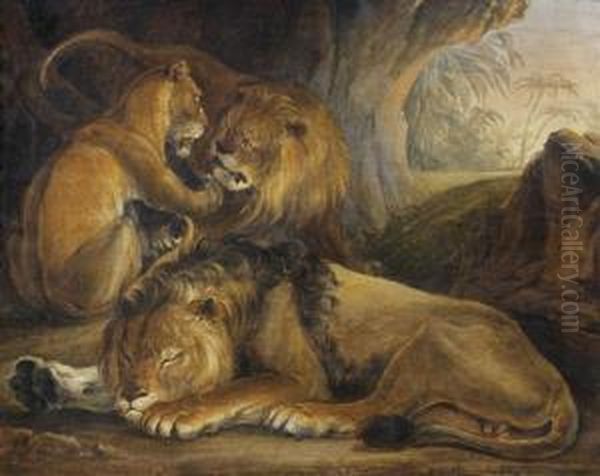 Lions Et Lionne Dans Une Grotte Oil Painting by Raden Sjarief B. Saleh