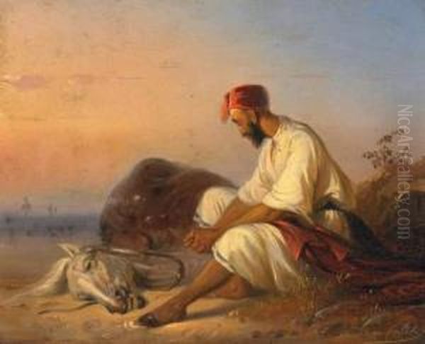 Arab And His Horse Oil Painting by Raden Sjarief B. Saleh