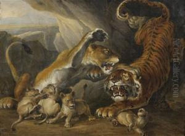 Lionne Protegeant Ses Lionceaux D'un Tigre Oil Painting by Raden Sjarief B. Saleh