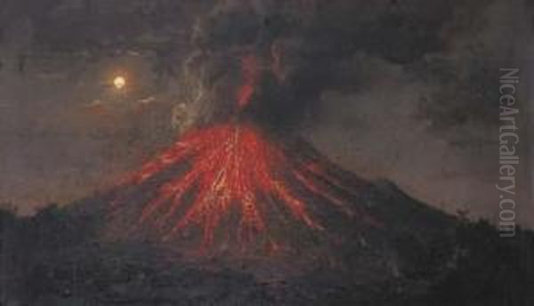 The Eruption Of Mt. Merapi At Night, Java Oil Painting by Raden Sjarief B. Saleh