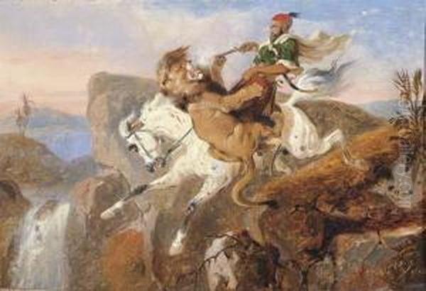 The Last Embrace Of Foes: A Bedouin Horseman Attacked By A Lion Oil Painting by Raden Sjarief B. Saleh