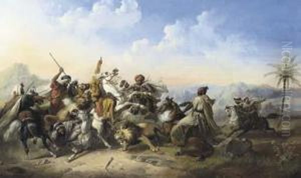 The Lion Hunt Oil Painting by Raden Sjarief B. Saleh