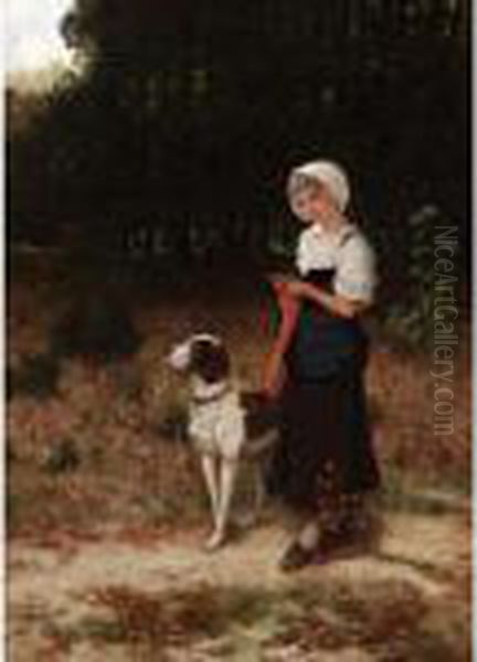 Peasant Girl With Her Pet Oil Painting by Hubert Salentin