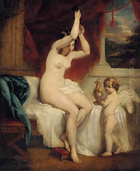 A seated female nude with a cherub holding a gold water jug, in an interior with a landscape beyond Oil Painting by William Etty