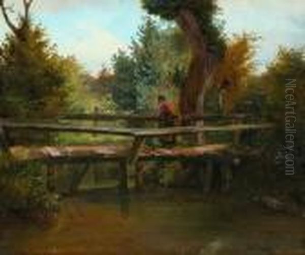 Bauerin Auf Dem Steg Uber Den
 Bach. Oil Painting by Hubert Salentin