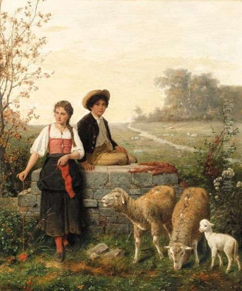 The Young Sheep Tenders Oil Painting by Hubert Salentin