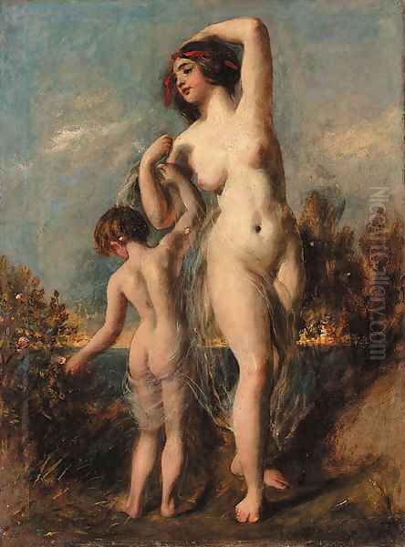 A woman and child in a lake landscape Oil Painting by William Etty