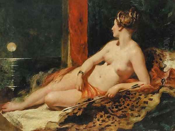 Venus reclining, holding an arrow, looking towards a full moon Oil Painting by William Etty